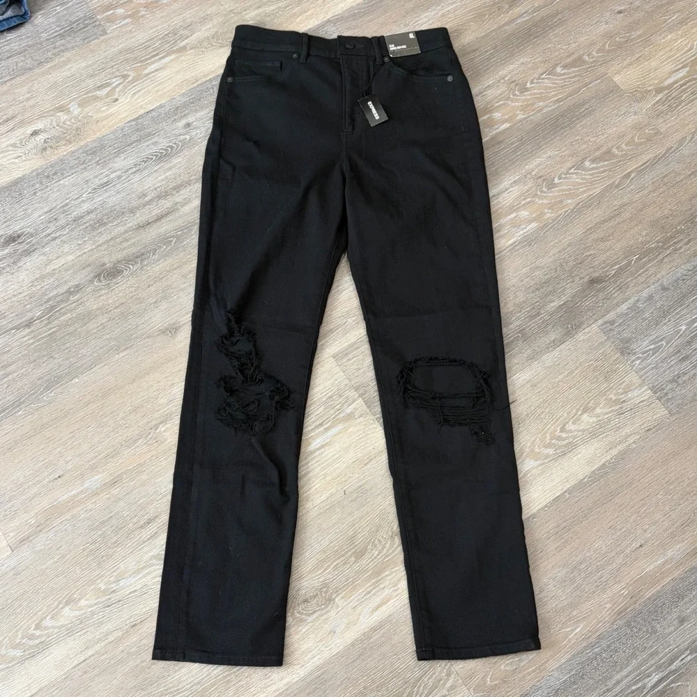 Express Slim Super High Rise Distressed Straight Leg Black Jeans 6L NWT